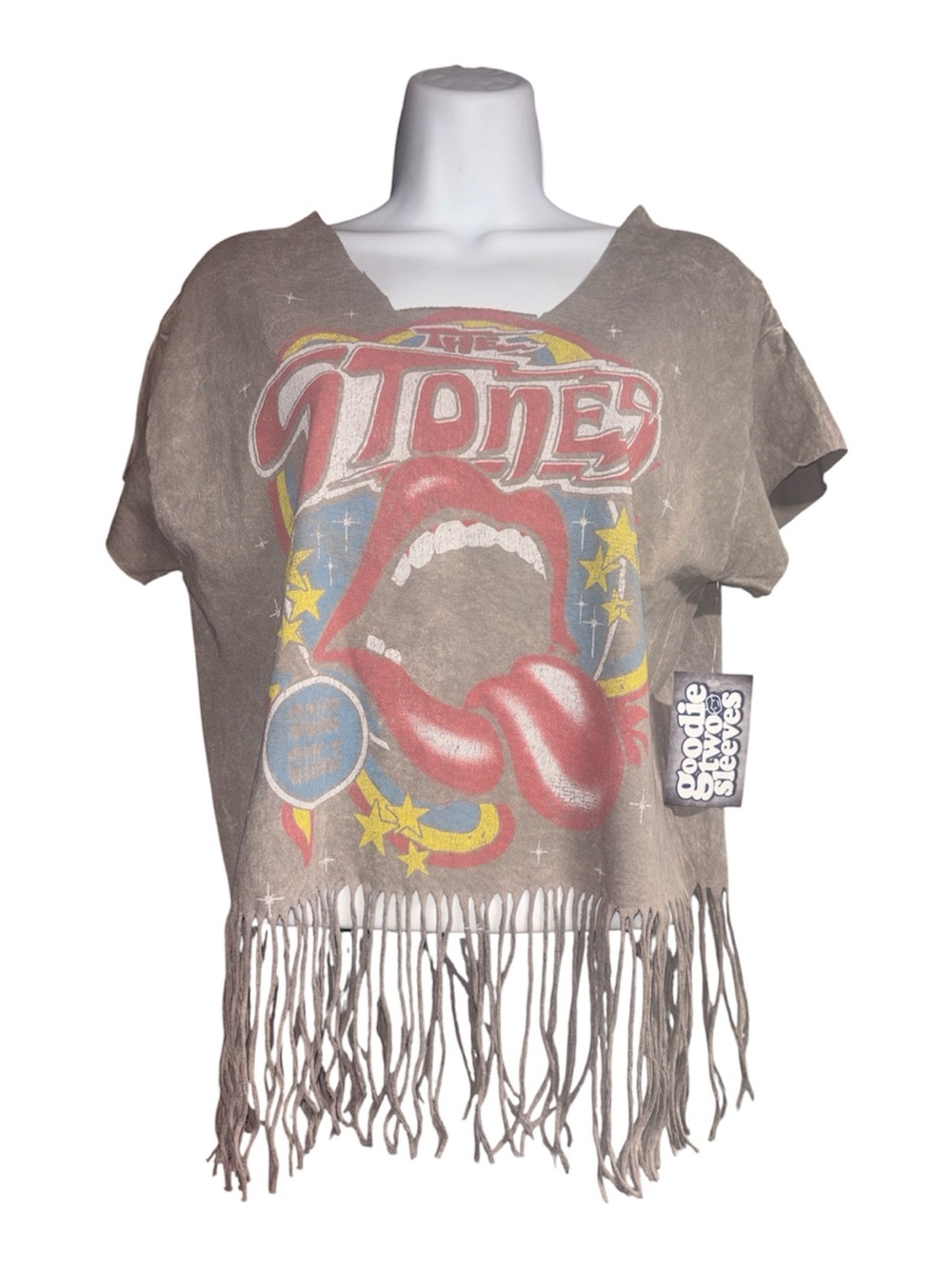 The Stones Graphic Fringe Crop Top - Taupe
